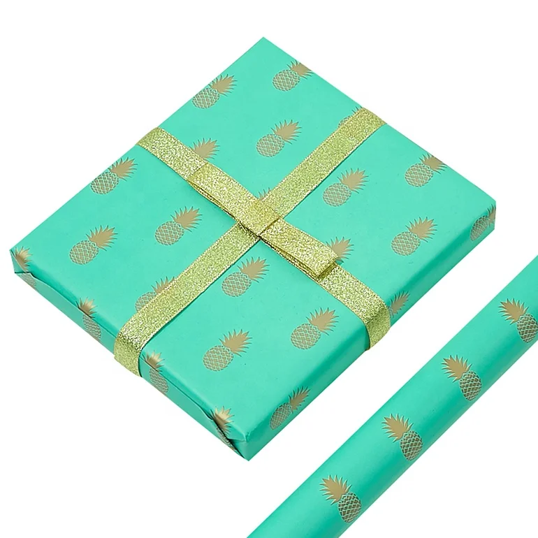 
All Occasion Custom Printing Gold Foil Pineapple, Blue Wrapping Paper Roll for Gift Packaging 