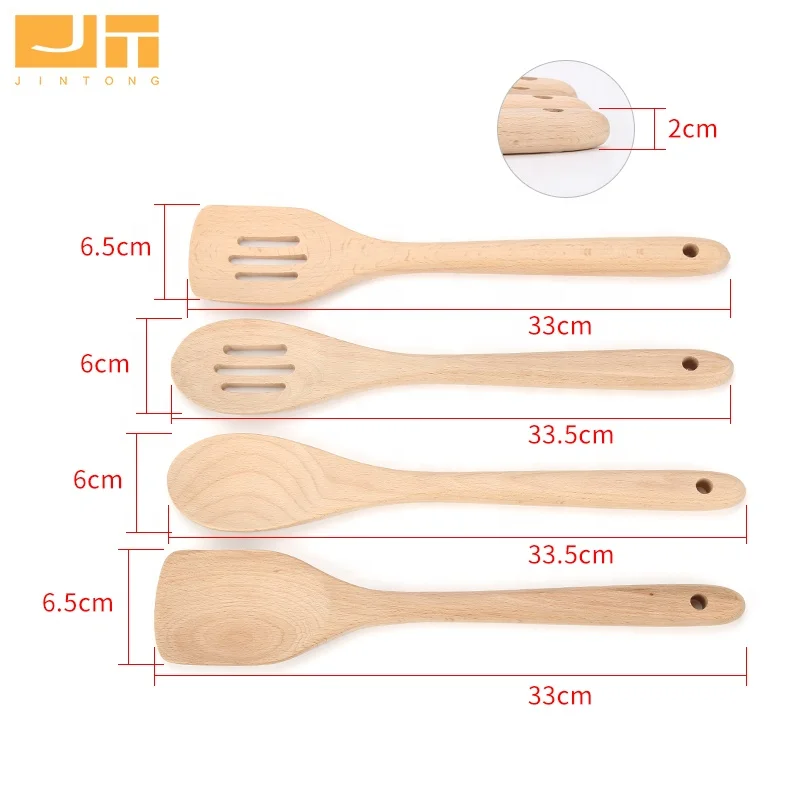 Premium Beech Wooden Cooking Set 4Pcs With Hanging Hole Natural Color Turner Spoon Slotted Spatula For Kitchen