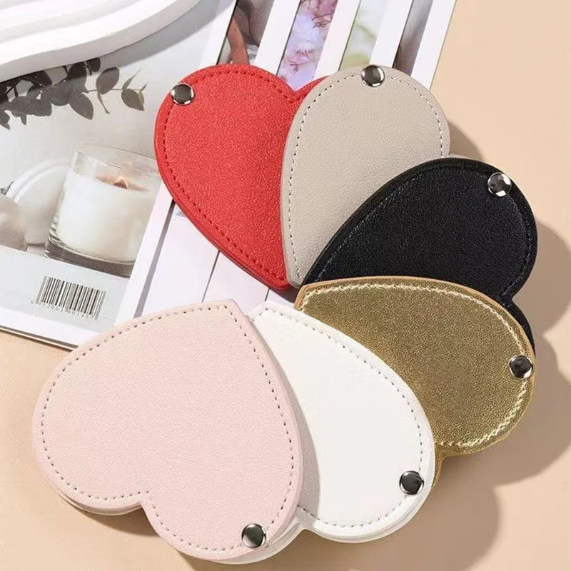 Mini Ultra-thin PU Leather Cosmetic Mirror Unbreakable Makeup Tool Travel Heart Shaped Portable Mirror