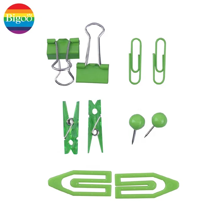 Fresh office clip set in green color binder clips push pins ball tack paper clips for school office stationery set accessory kit