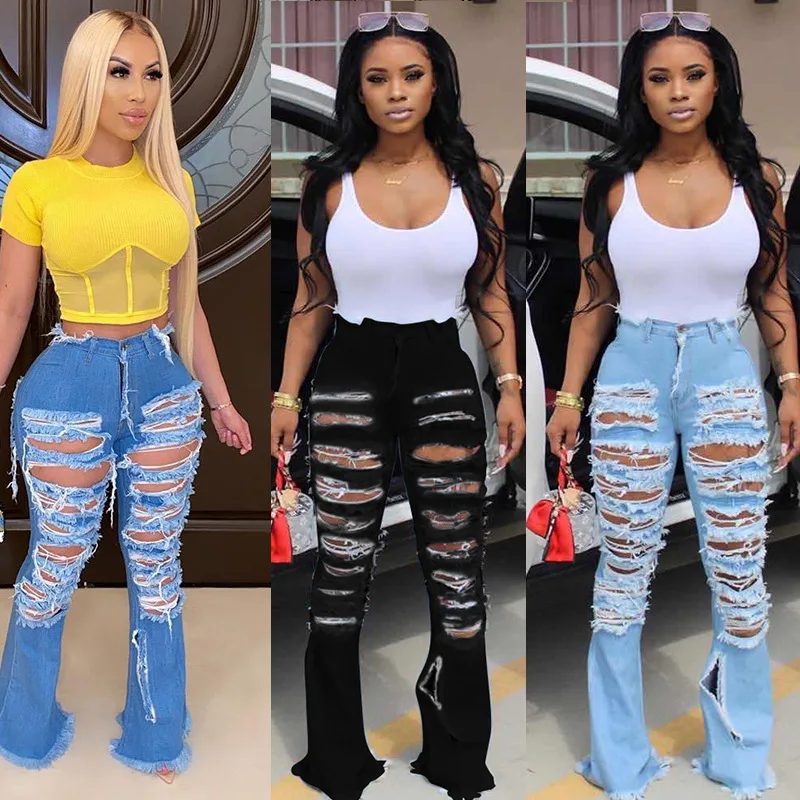 
Ripped bell bottoms horn flared jeans custom distressed denim ladies jeans fabric destroyed flare ripped jeans women 