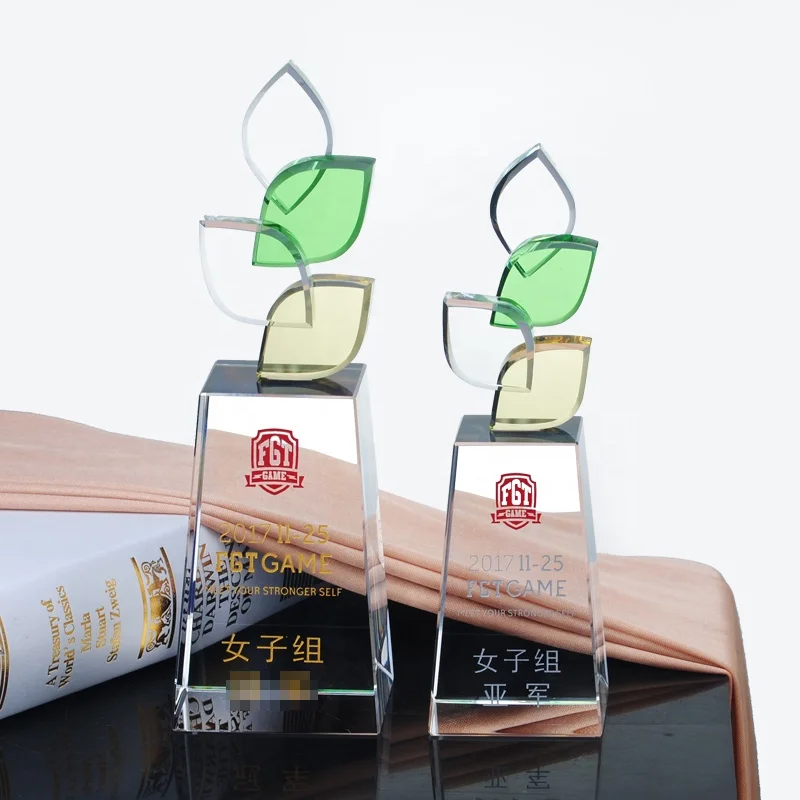 Creative Crystal Leaf Medal Custom Honor Certificate Excellent Teacher School Memorial Award Glass Plaque Crystal Trophy