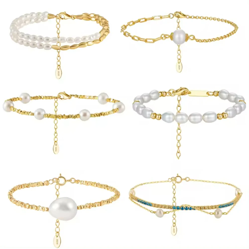 GPB-1 RINNTIN Dainty Classic Adjustable 14K Gold Plated 925 Sterling Silver Cultured Freshwater Pearl  Bracelets for Women Girl