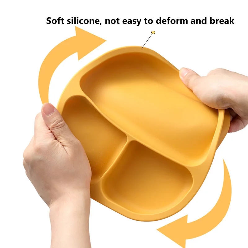 3pcs BPA-Free Microwave-Safe Silicone Baby Feeding Set Wooden Handle Spoon Fork Divided Design Suction Plate Toddler Dining Kit