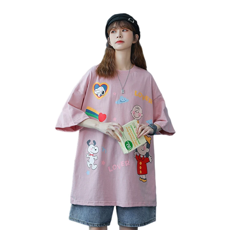 
VANWO 2021 summer new couples short sleeve T shirt male cartoon pattern trend Korean version loose cotton base shirt 