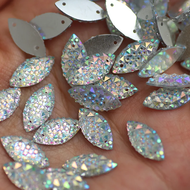 100PCS Crystal AB Resin with Hole Horse Eye Stone Rhinestone Hand-Sew on Diamond Rhinestones Clothes Shoes Bags DIY Decorative