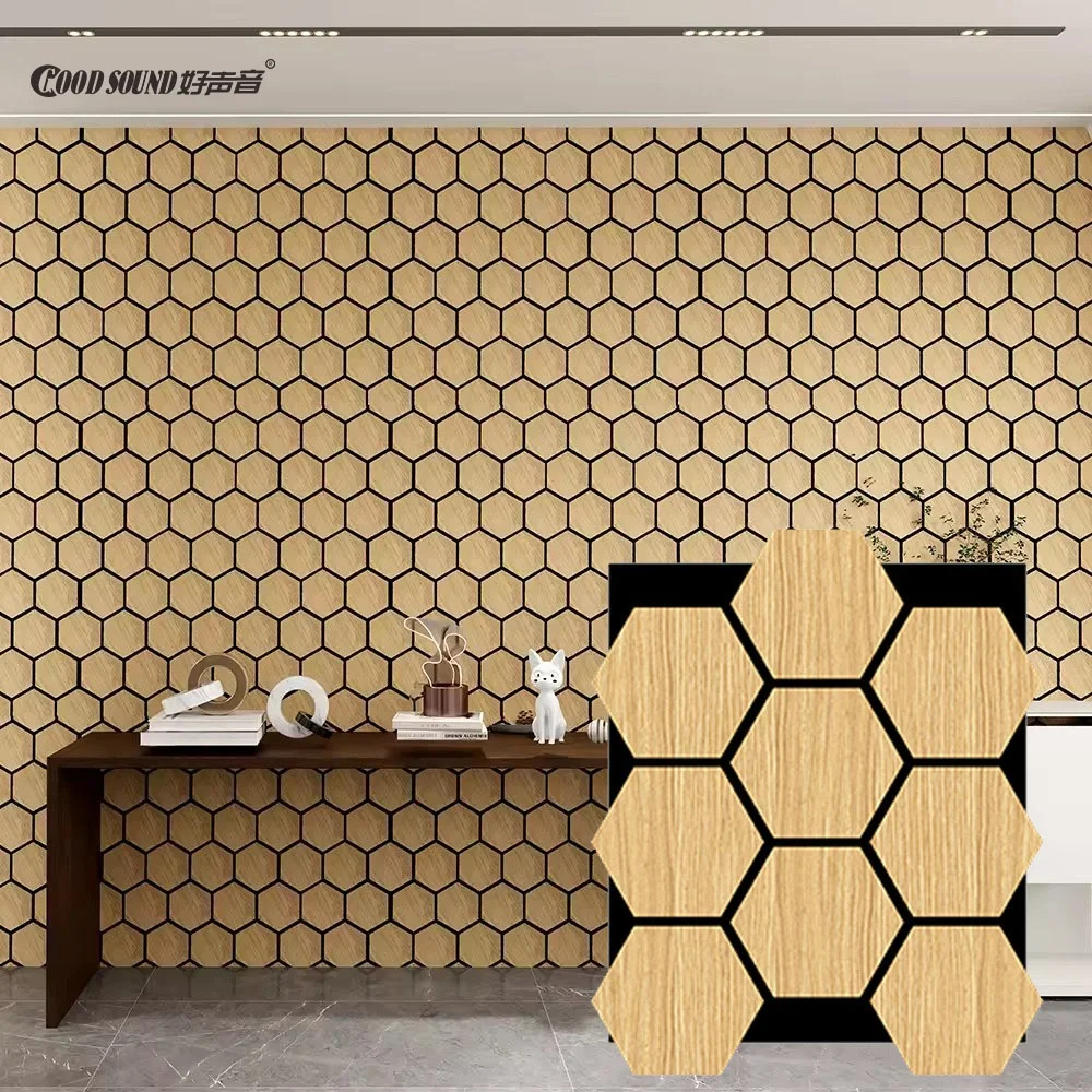 Goodsound Akupanel Sound Proof Self Adhesive Wood Decor Acoustic Akustik Hexagon painis de madeira Slat Wall Panel for Room