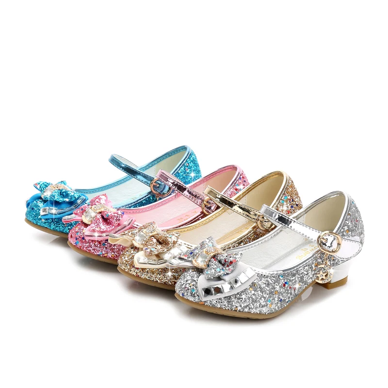 
2021 new multi-color sequined crystal bow party small heels girl princess shoes 