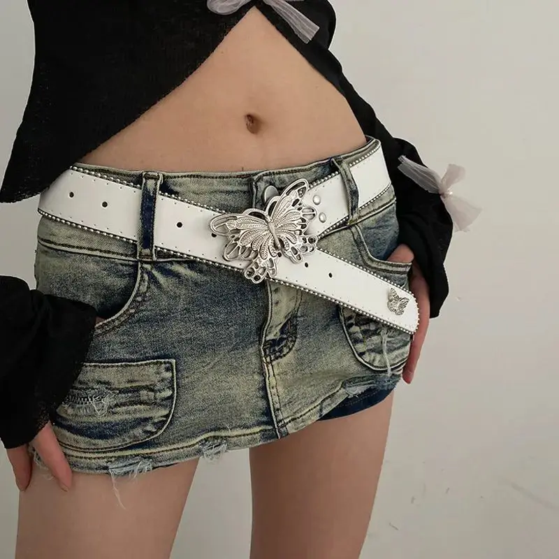 Y2K Jeans Butterfly Pin Buckle PU Belt for Women Subculture Goth Punk Buckle Waist Belt Vintage Wide Belt for Teens Girls Female