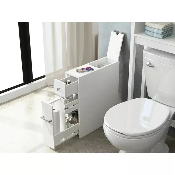 White Free Standing Bathroom Paper Organizer, Wood Bathroom Toilet Paper Roll Holder Storage Cabinet