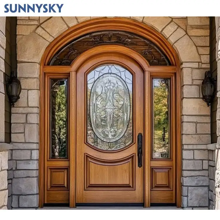 Sunnysky Soundproof interior modern wooden arched doors custom solid wood round top glass doors with frames