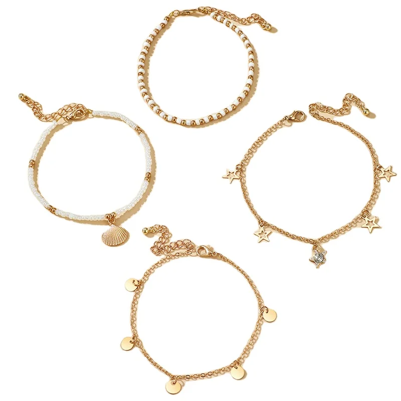 Hot Sale Good Quality Boho Jewelry Beaded Star Disc Pearl Shell Anklet Four Pieces Set