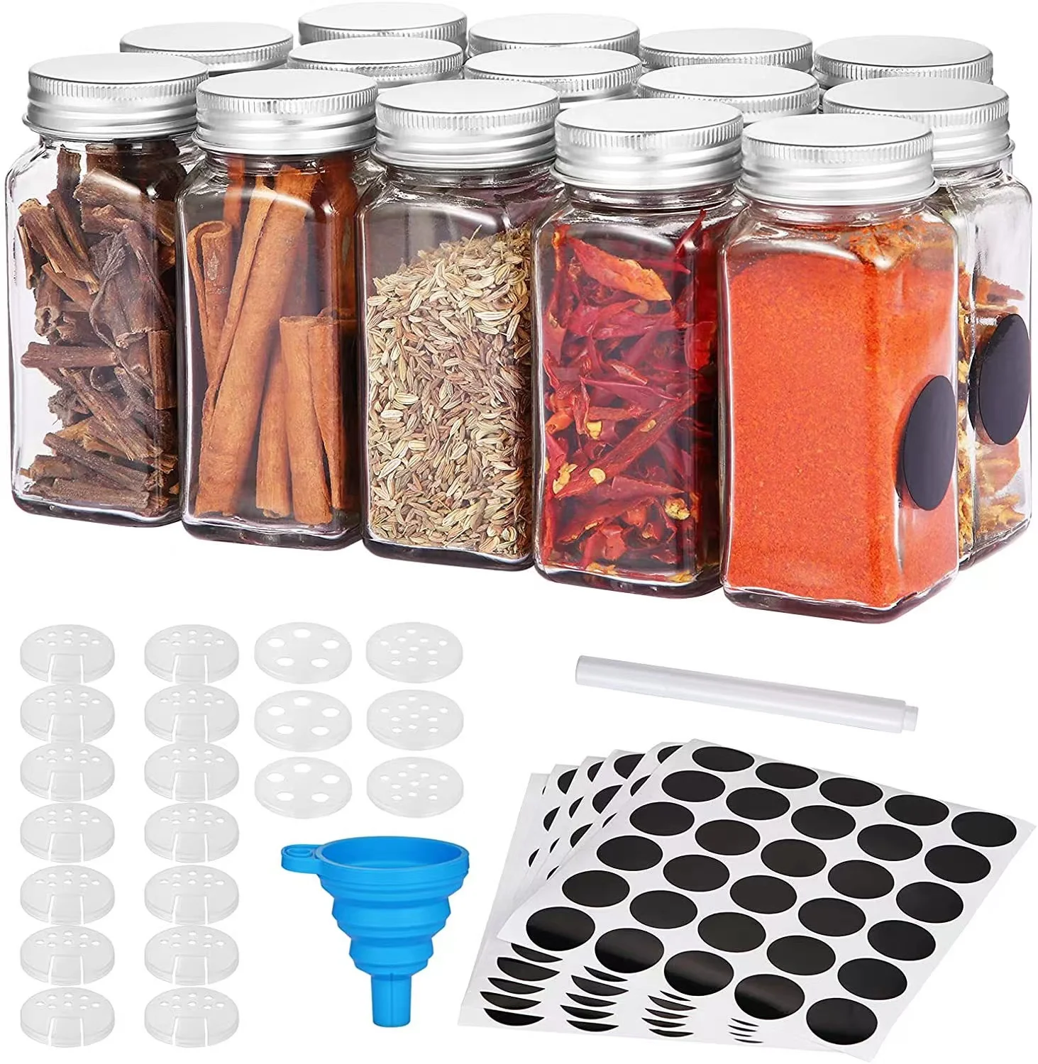 12pcs/box Metal Top Herb Container Storage with Label Collapsible Funnel 100ml Glass Spice Jar Set