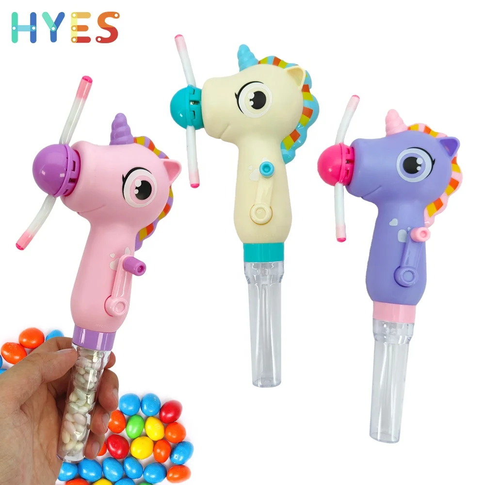 Huiye Unicorn Candy Toys Light Up Cartoon Hand Rotating Fan Candy Toys With Tube Adorable Sweet Candy Toys For Kids Girls Gifts