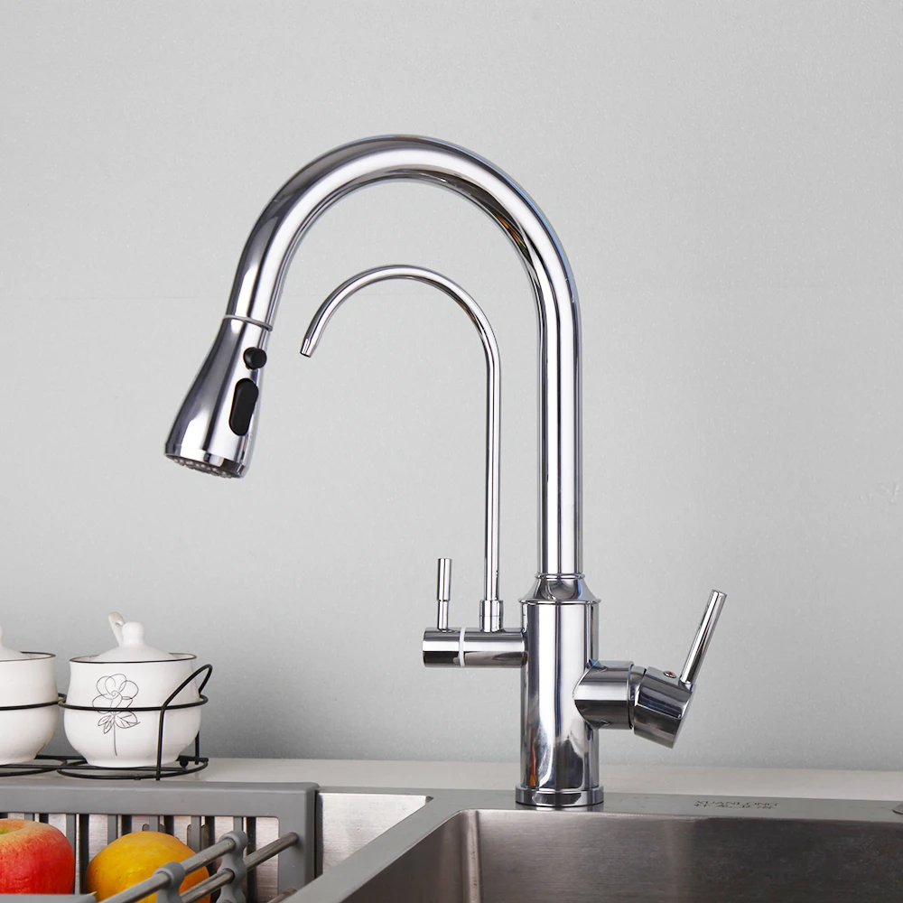 Silver Kitchen Water Purifier Faucet Double Handle Hot and Cold Mixer Taps Deck Mounted