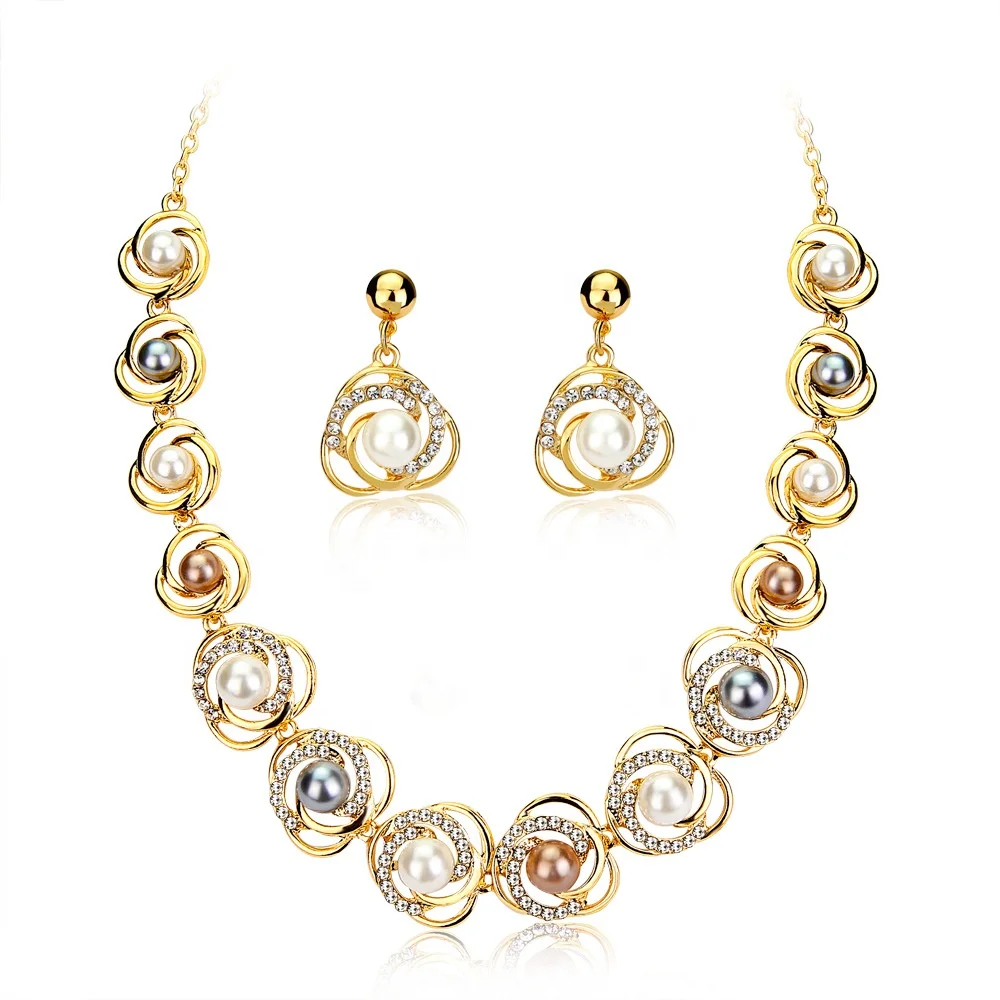 Wholesale Fashion Elegant Gold Dubai  Pearl Imitation women wedding pearl necklace gold jewelry set
