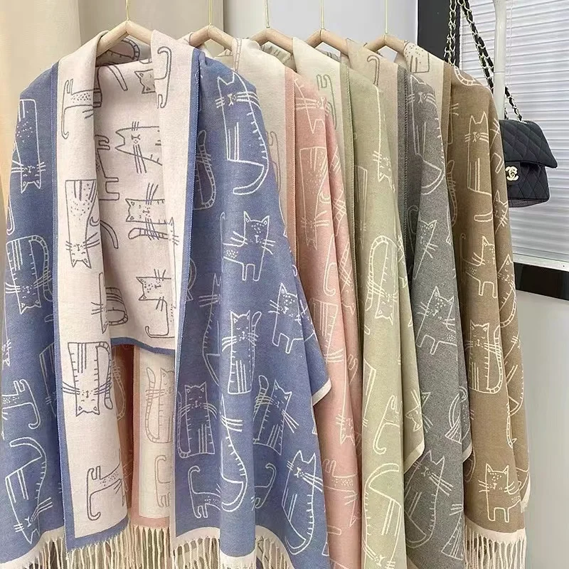 Winter Cat Tassel Pashmina Shawls Wraps Large Scarves Cashmere Feel Scarf For Women