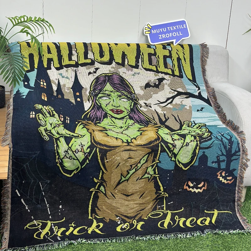 Factory Halloween decoration female zombie jacquard woven tapestry blanket custom throw blanket