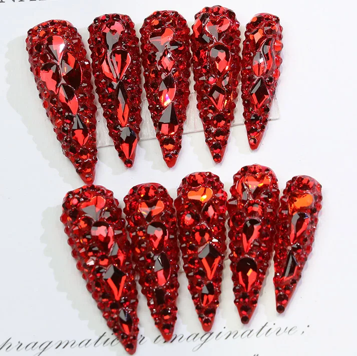 Bling Rhinestone Handmade False Custom Logo Red Acrylic Press On Nails Medium Length