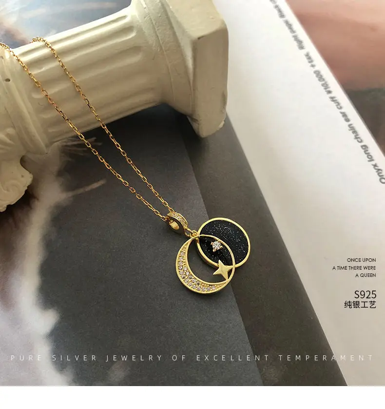 Nabest 925 Silver Unique Design Jewelry Starry Sky Pendant Necklace Gold Plated Moon Star Pave Cz Choker Clavicle Chain