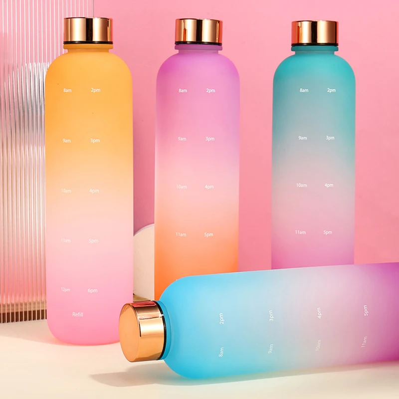Multicolour 1 Liter Water Bottle 1000ml Transparent Plastic Water Bottle With Gradient Color Sport Water Bottle With Time Marker