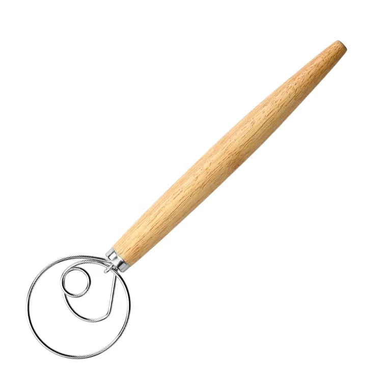 Wholesale wooden handle kitchen baking stainless steel 13 inch bread raw dough whisk mixer