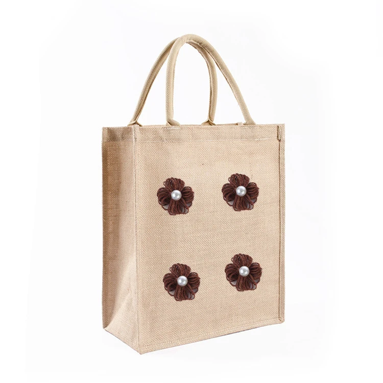 Professional Customizing Women Girls Reusable Shopping Handbag Creative Handle Decoration  DIY Burlap Tote Bags Jute