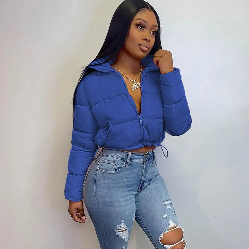  Winter Women Long Sleeve Mandarin Collar Pockets Puffer Bubble Crop Short Down