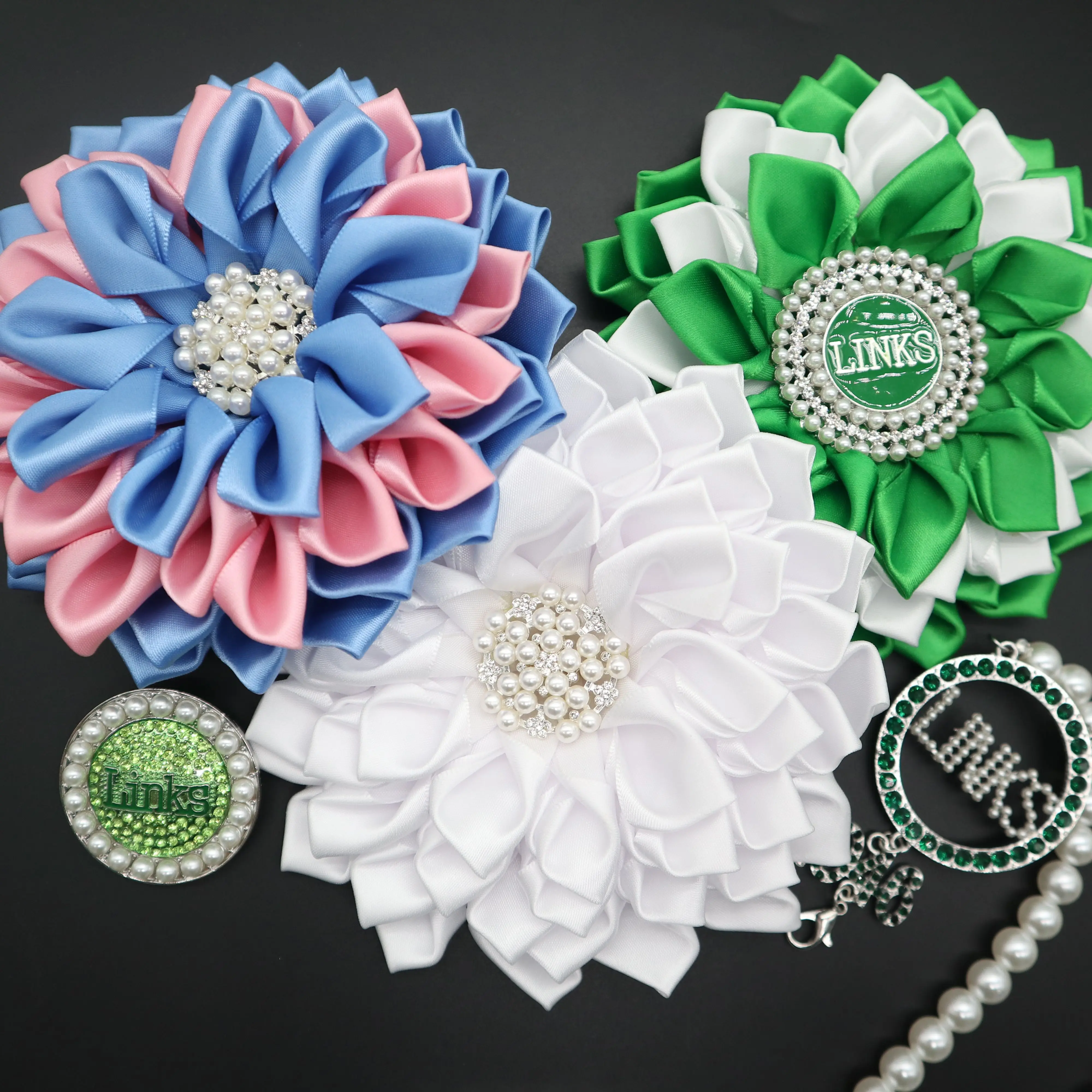 High QualityJack and Jill Greek Sorority Satin Ribbon Layer Various Colors Petal Flower Brooch Pin