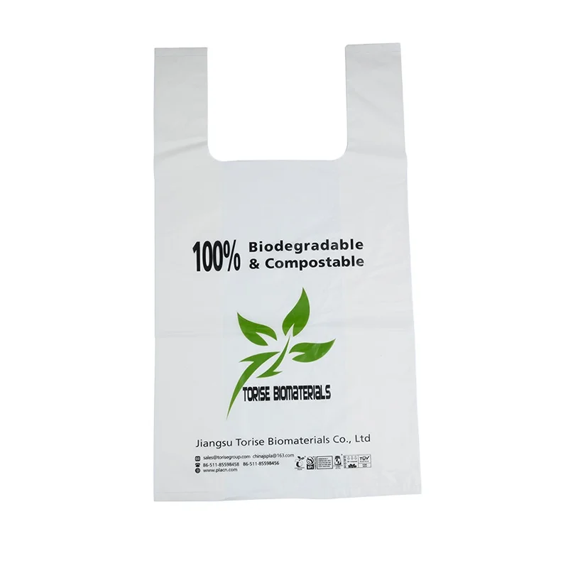 BSCI certified factory white biodegradable vest bags on roll with logo cornstarch t-shirt bags compostable