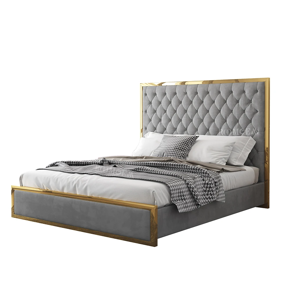 ROOMGEM Gold SS Luxury Gray Velvet Button Queen Size Bed Frame Bedroom Furniture