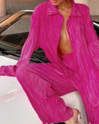 YAPU Two Piece Set   Autumn Women Vintage Oversize Long Flare Sleeve Shirt High Waist Trousers Orange Pleated Pants Set For