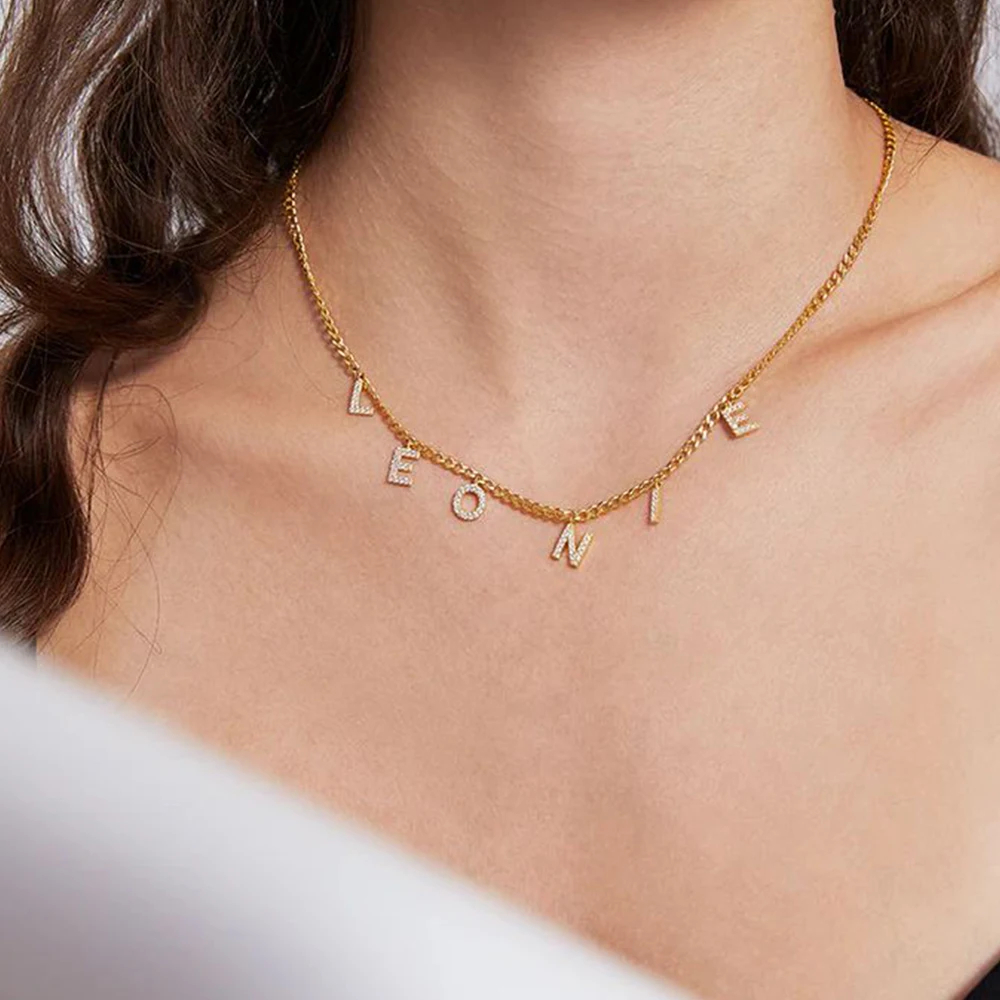 Stainless Steel 14K Gold Cuban Chian Micro Inlaid Zircon Letter Personalized Name Necklace DIY Customized Name Necklace