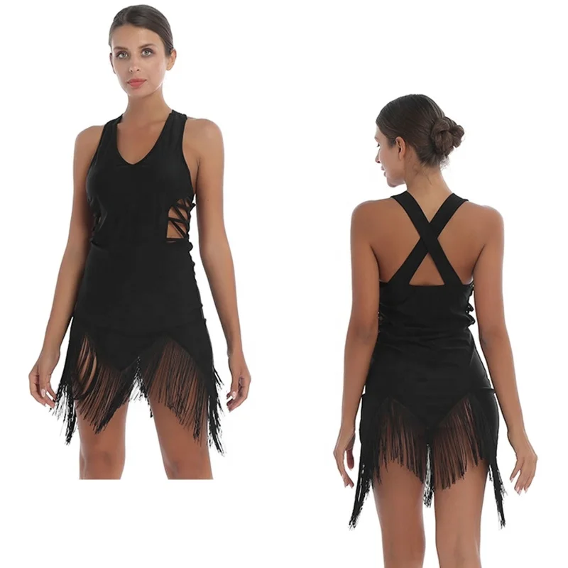 
New Design Women V-neck Back Cross Hollow Out Tassel Dress Latin Rumba Samba Competition Dance Dress 
