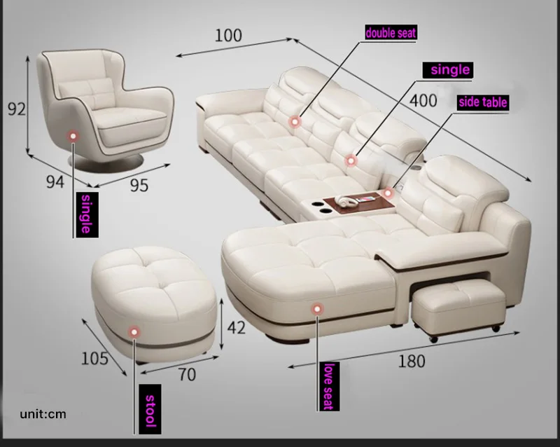 Nordic Luxury Leather Beige Swivel Sectional Curved Couch Living Room Sofas