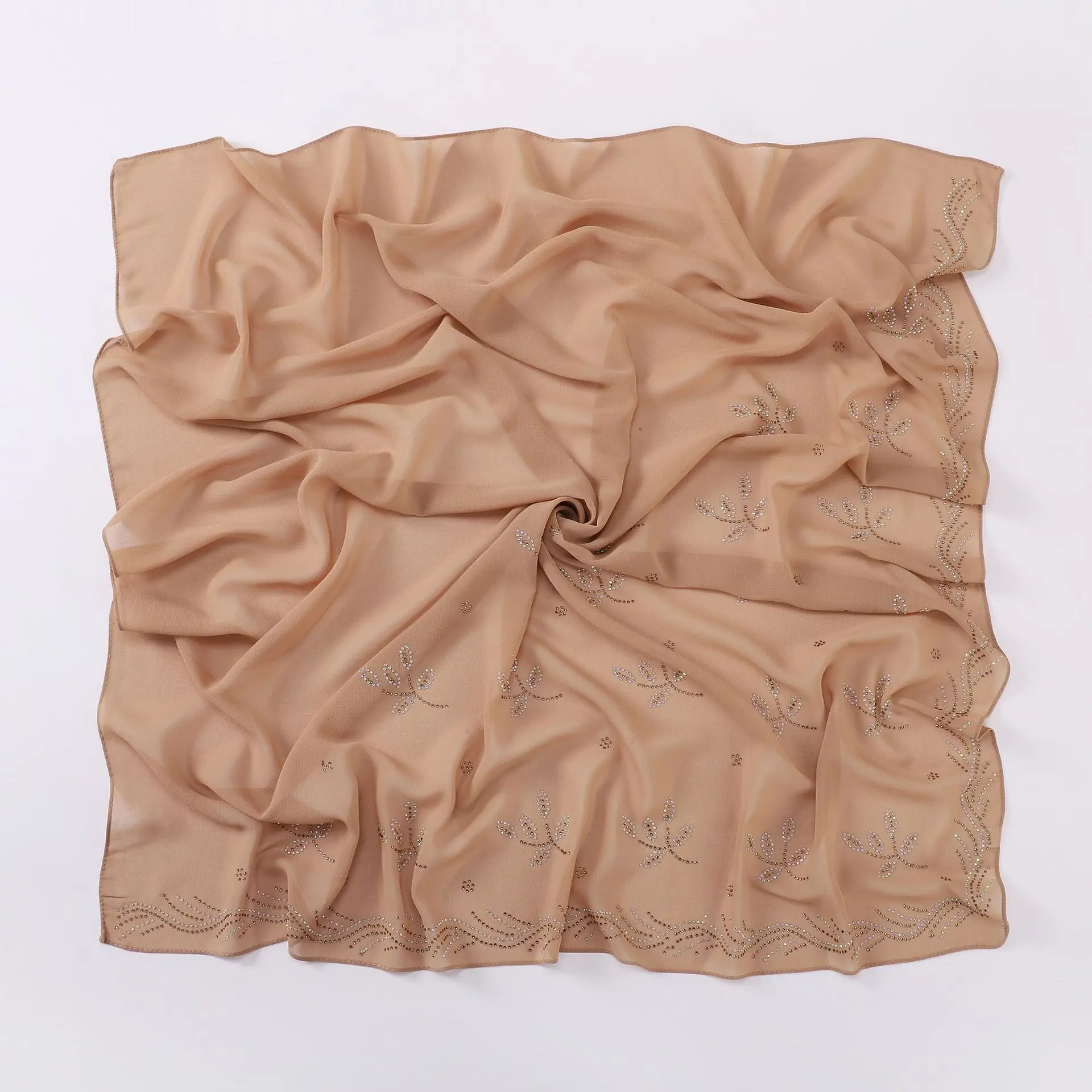 New Pearl Chiffon Leaf  90Cm Square High Quality Chiffon Hijab Soft Breathable Small Fresh Headscarf Chiffon Hijab Double Loop
