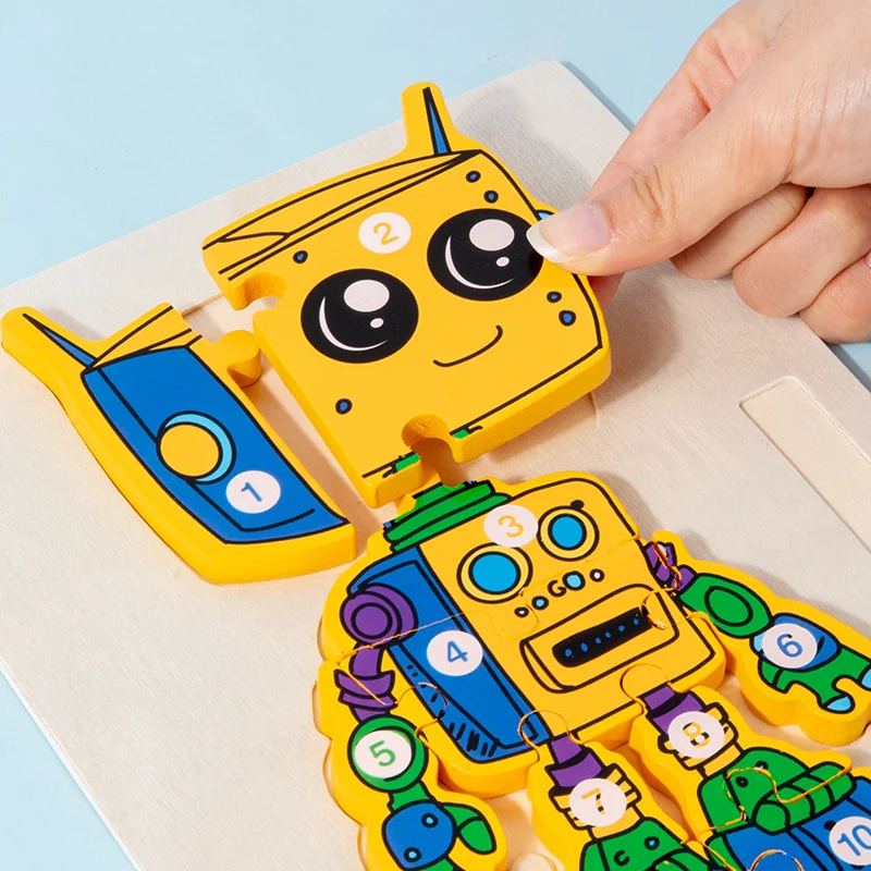 CE CPC New Montessori Wooden Puzzle Toy Double-sided Robot 3D Jigsaw Puzzle Drawing Board Educational Toys For Toddler