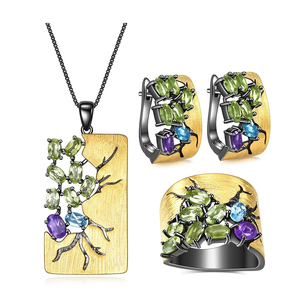 C7875 Wholesale Fashion Fine Natural Gemstone Peridot Blue Topaz Amethyst 925 Silver Imitation Jewellery Sets For Women