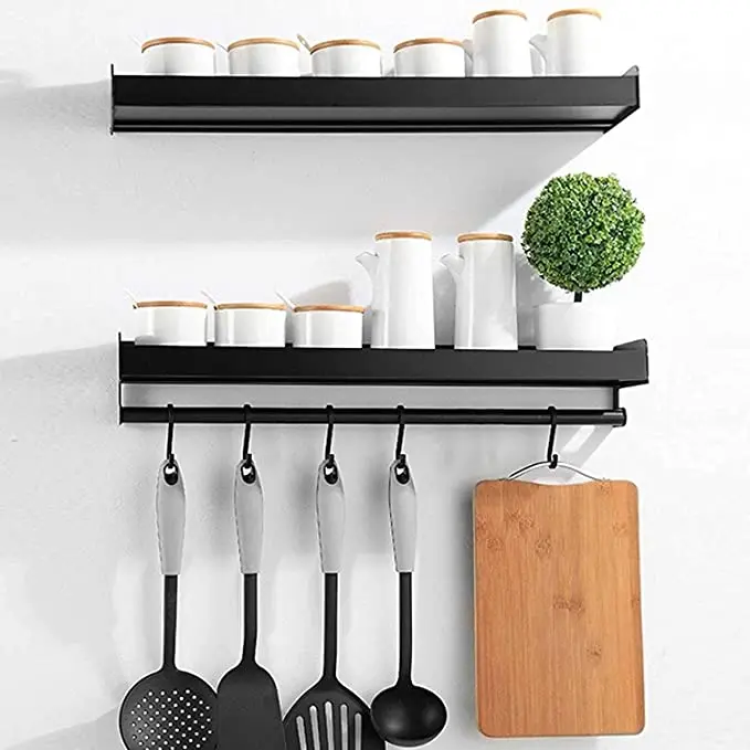 Wall Mount multifunction kitchen storage holder utensils organizer  hanging dish rack  black space aluminum