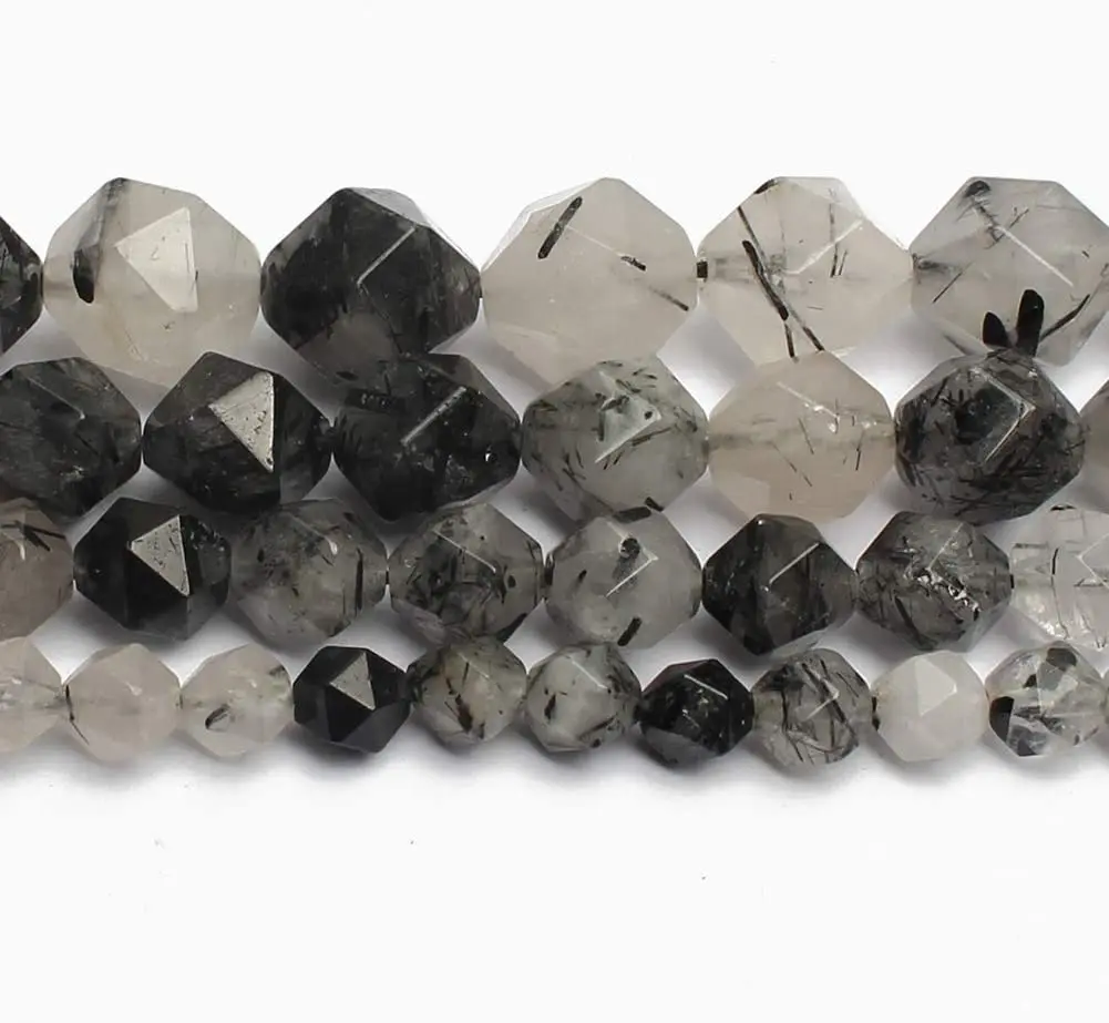 Wholesale Natural Faceted Black Rutilated Quartz Diamond Cutting Loose Gemstone Beads