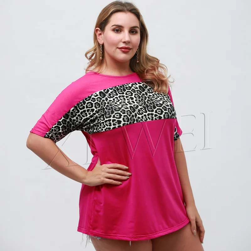 Ladiesreadymade rose-carmine patchwork t shirts women blouse Leopard crew neck summer adult women t shirt tshirts