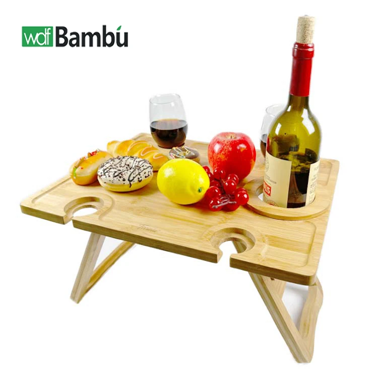 WDF Factory supply folding camping table with cup holder portable picnic table foldable table bamboo picnic for outside