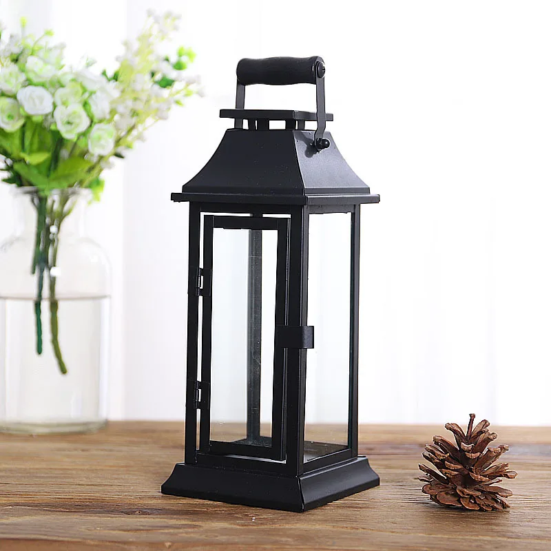 Simple Chinese retro portable windproof candlestick iron glass outdoor courtyard floor lamp candlestick ornaments