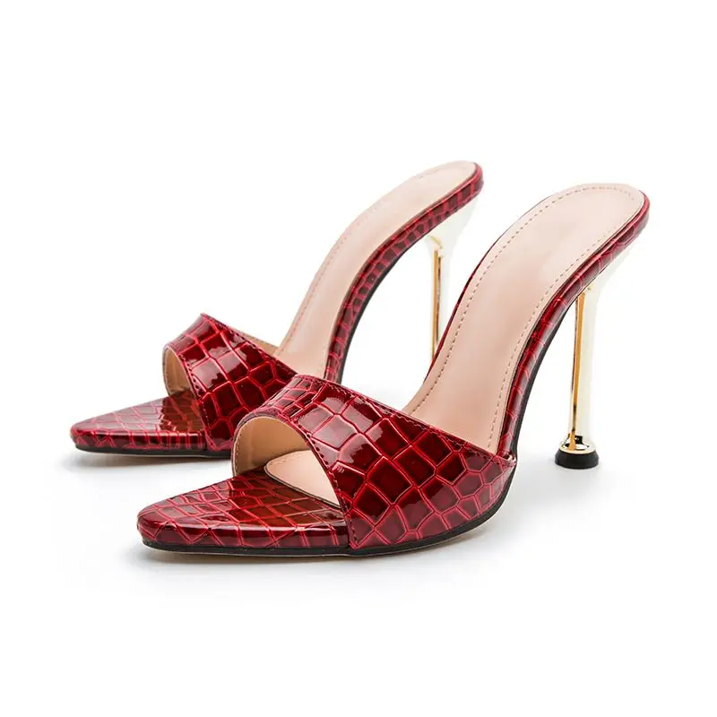 Summer New Super High Heel Metal Heel Pointed Fish Beak Snake Pattern Cool Drag Heeled Sandals