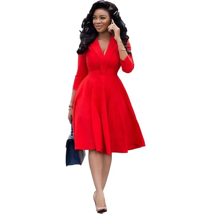 Fashion long sleeve solid color dark v neck pleated dress ladies office wear designs 819-0006