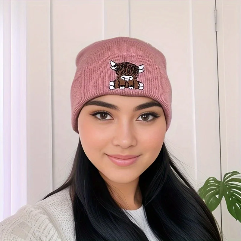 Cute Funny Cow Embroidery Winter Knit Skull Cap for Adult Men Women, Scottish Highland Cow Beanie