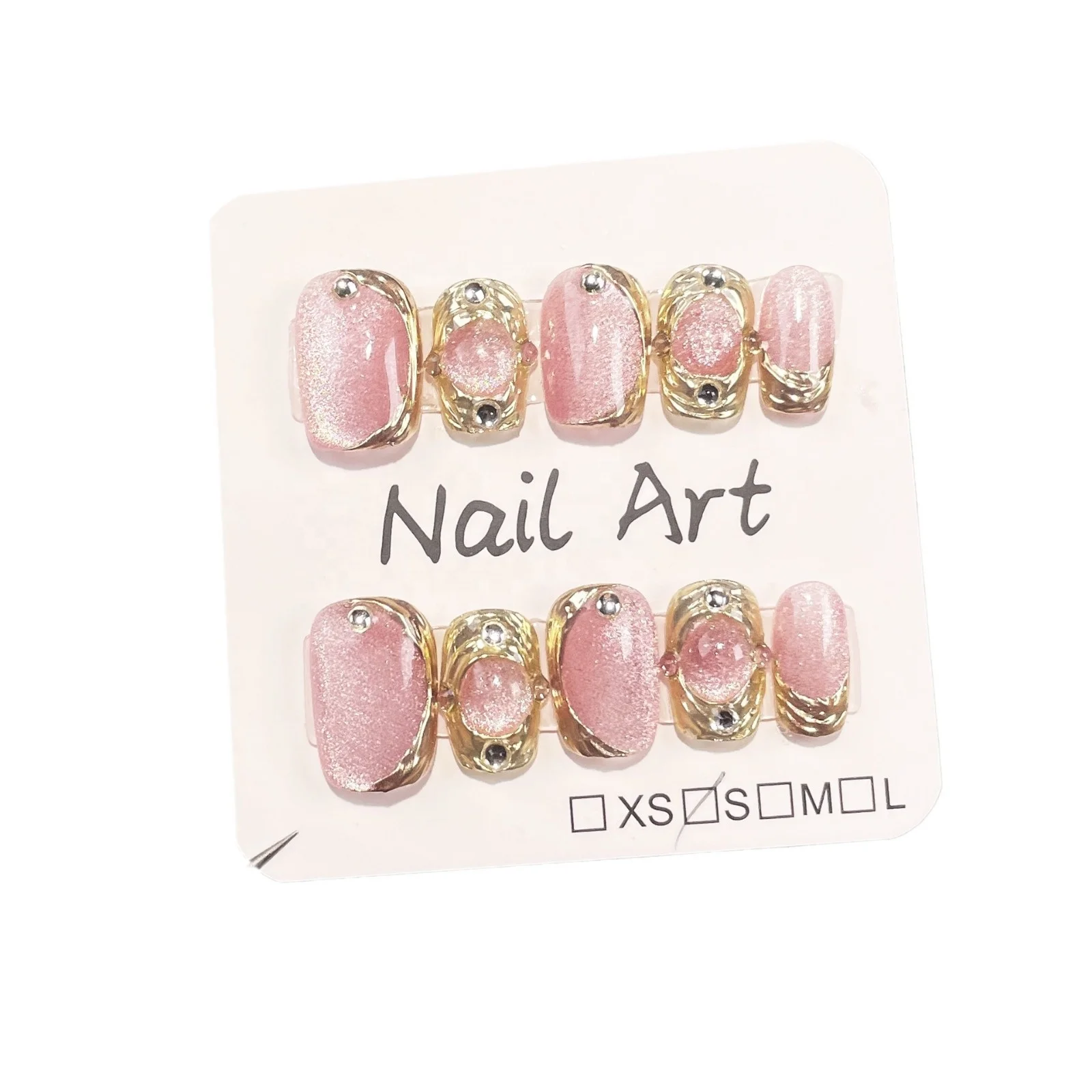 Wholesale Ready Stock Pink Rhinestone Artificial Fingernails Nail Art Short Square Handmade Press on Nails