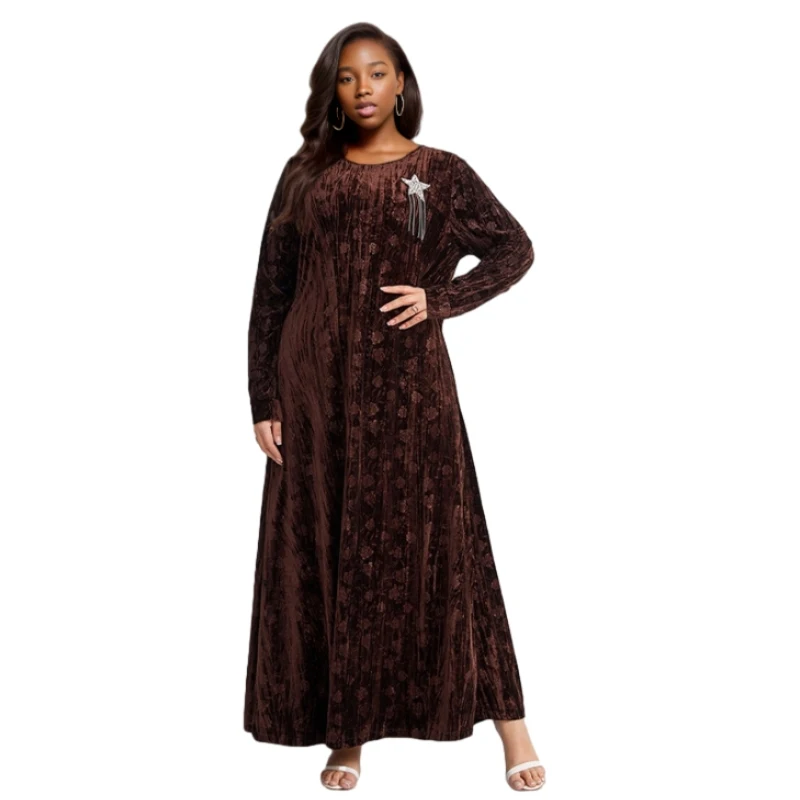 New Design Plus Size Elegant O Neck Long Sleeve Middle East Velvet Embossed Maxi Women Dresses Sehe Fashion