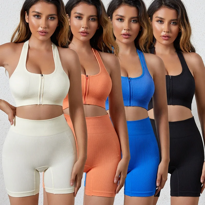 Wholesale Ribbed High Impact Sports Fitness Bra Top And Workout Yoga Biker Shorts 2 Piece Sets For Women
