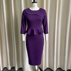 Customized New Design Women Wear Plain Color Ruffled Working Dress Purple Beautiful Elegant Office Lady Pencil Career Dresses